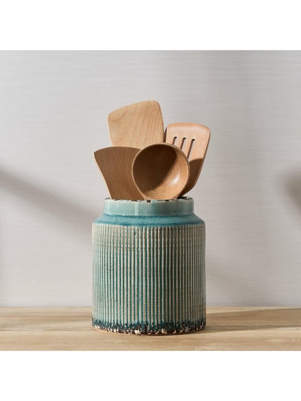 Ceramic Farmhouse Utensil Holder - Vintage Kitchen Tool Organizer, Antique Blue